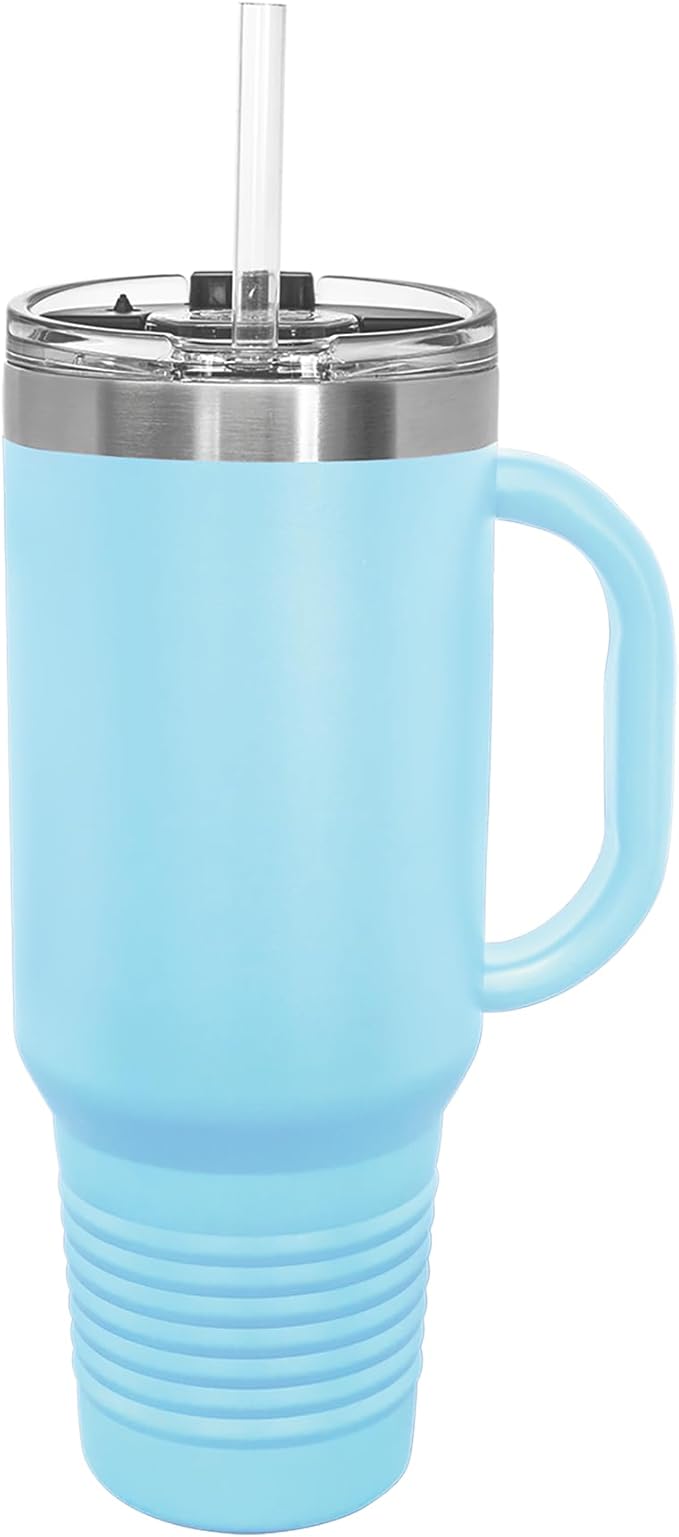 LaserGram 40oz Vacuum Insulated Travel Mug with Handle, Tiki Statue, Personalized Engraving Included (Light Blue)