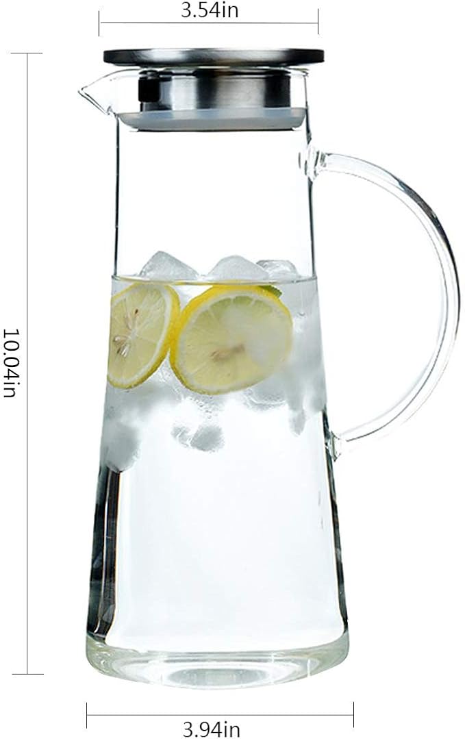 Hwagui - Heat Resistant Glass Pitcher with Stainless Steel Lid, Water Carafe with Handle, Good Beverage Pitcher for Homemade Juice and Iced Tea, 1600ml/53oz