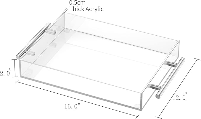 Richboom Clear Acrylic Serving Tray 16"x12" - Coffee Table Living Room Kitchen Decorative Tray with Silver Metal Handles, Bathroom Vanity Tray Perfume Cosmetic Storage Organizer
