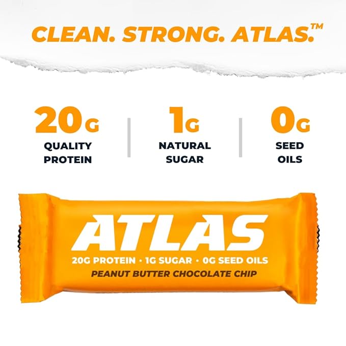 Atlas Bar – 20g Protein, 1g Sugar, 0g Seed Oils, 0g Artificial Sweeteners (Peanut Butter Chocolate Chip, 36 Count)