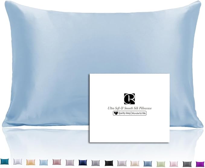 Silk Pillowcase for Hair and Skin with Hidden Zipper, Ravmix Both Sides 21Momme Mulberry Silk Cooling Pillow Case Standard Size 20×26inches, 1PCS, Light Blue