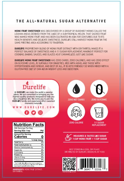 Durelife Monk Fruit Sweetener, Classic - Sugar Substitute, Keto Diet Friendly, 1:1 Zero Calorie, White Sugar Substitute - 5 lb (Packaging May Vary)