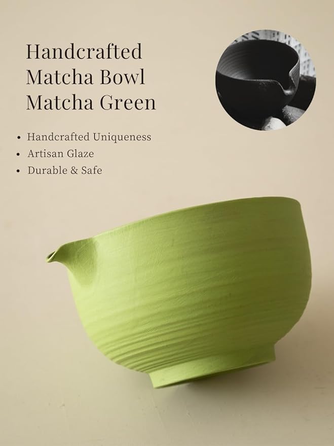 6-pcs Japanese Matcha Whisk Set, Handmade Ceramic Matcha Set with Bowl(Chawan),Bamboo Whisk(Chasen) and Holder, Scoop, Sifter & Tea Towel,Matcha Kit for Ceremony (Matcha Green)