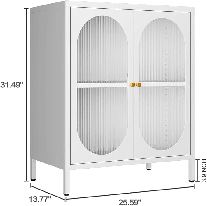 Small 2 Transparent Door Metal Storage Side Buffet Cabinet for Bed Room,Living Room,Entryway,Hallway,Home,Hotel,Office,Garage,Kitchen,1 Removable Shelf. (Transparent Door, White)