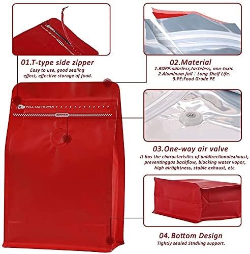 REMTAP Coffee Bags with Valve(100pcs,12oz) Red High Barrier Aluminumed Foil Flat Bottom Standing Coffee Beans Storage Bags,Reusable Heat Sealable Side Zipper Pouches for Home or Store