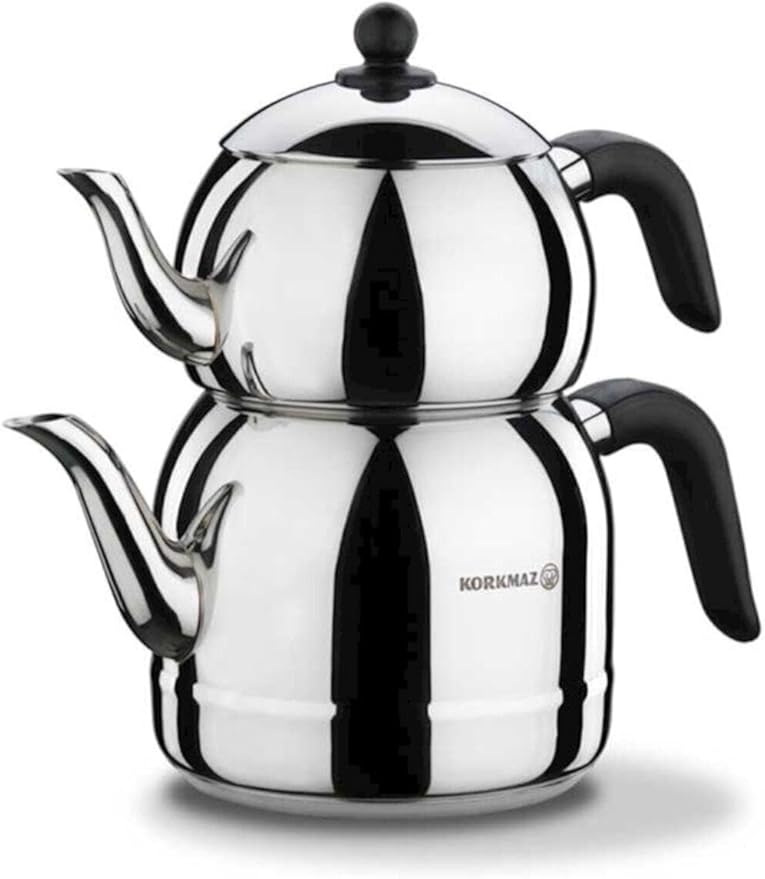 Korkmaz 18/10 Ci/Ni Stainless Steel Retro Teapot Set, Black Handles, Top Pot 1.1 Lt, Bottom Kettle 2.5 Lt