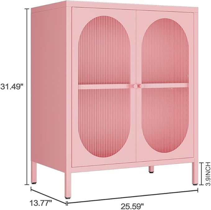 Small 2 Transparent Door Metal Storage Side Buffet Cabinet for Bed Room,Living Room,Entryway,Hallway,Home,Hotel,Office,Garage,Kitchen,1 Removable Shelf. (Transparent Door, Pink)