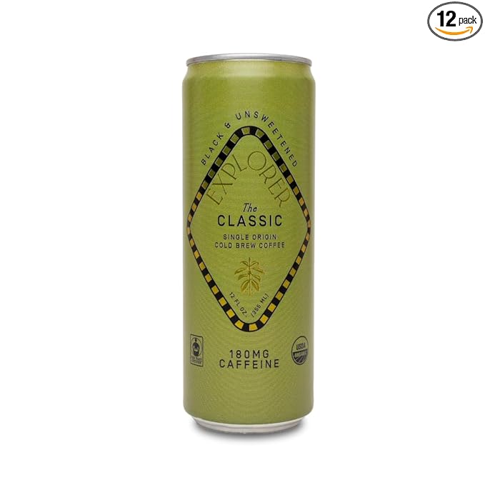 Explorer Classic Ready-to-Drink Organic Cold Brew Coffee, with 180 mg of Caffeine per Serving, Black, Unsweetened, and Fair Trade, 12 fl oz (Pack of 12)