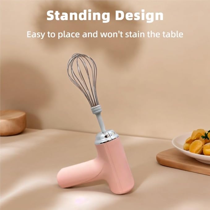 Cordless Hand Mixer, One Touch Off Handheld Electric Whisk with 3 Speed Modes, Hand Held Egg Beater with 2 Detachable Stir Whisks (Pink)