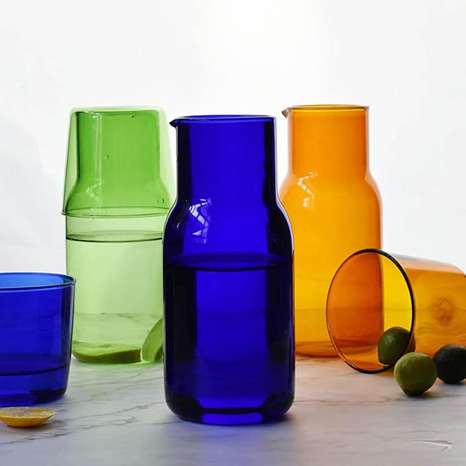 Bedside Glass Water Carafe Set with Cup, Glass Carafe with Lid Mouthwash Cups for Bedroom Bathroom Juice Wine Milk 19oz