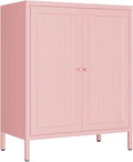 Small 2 Transparent Door Metal Storage Side Buffet Cabinet for Bed Room,Living Room,Entryway,Hallway,Home,Hotel,Office,Garage,Kitchen,1 Removable Shelf. (Striped Door, Pink)