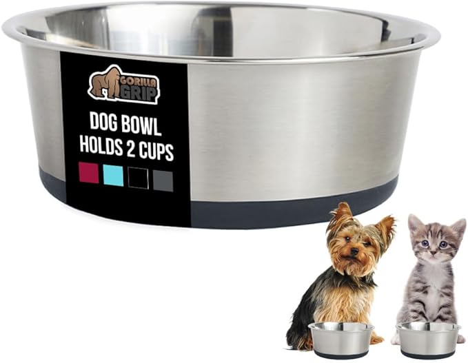 GORILLA GRIP Dog Bowl, Holds 2 Cups (16 fl oz), Heavy Duty Metal Food and Water Bowl for Feeding Dogs and Cats, Easy Clean, Dishwasher Safe, Rust Resistant Stainless Steel, BPA Free Rubber Base, Gray