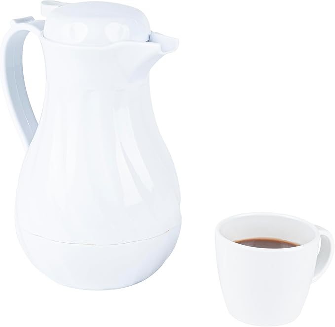 Restaurantware-Restpresso 42 Ounce Coffee Carafe, 1 Insulated Coffee Server - Push-Button Top, Swirl Design, White Plastic Pitcher, Built-In Handle, With Identification Tags