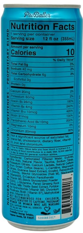 ProBaller Ultra Premium Zero Sugar Energy Drink - Natural & Clean NSF Certified Sport Drink with Amino Acids, Taurine, Biotin, Vitamin B 12 Methylcobalamin, & Electrolytes - 15 Pack - Blue Raspberry
