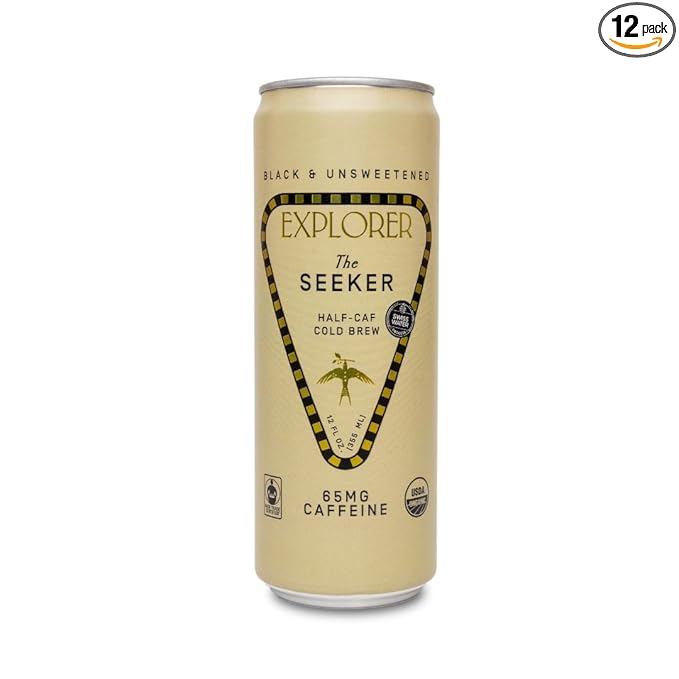 Explorer Seeker Ready-to-Drink Organic Cold Brew Coffee, with 65 mg of Caffeine per Serving, Black, Unsweetened, and Fair Trade, 12 fl oz (Pack of 12)