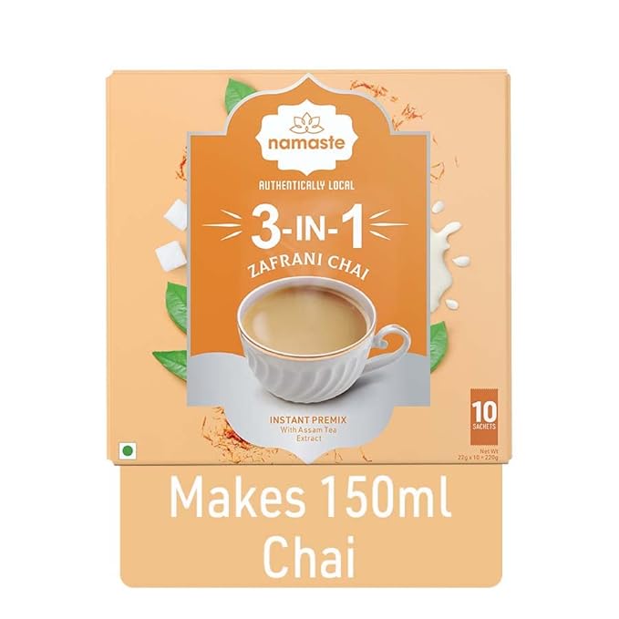 Namaste Chai Zafrani Saffron Tea Premix | Instant Saffron Tea Powder Sachets With Milk and Sugar | 22g x 10 Sachets