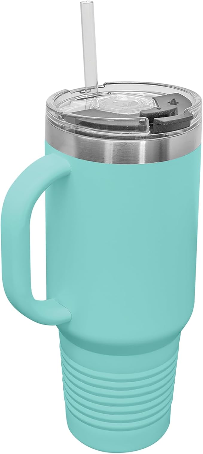 LaserGram 40oz Vacuum Insulated Travel Mug with Handle, Tiki Statue, Personalized Engraving Included (Teal)