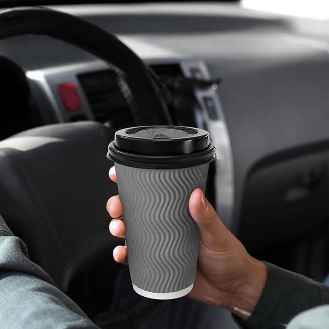 16 oz Coffee Cups with Lid, 100 Pack Disposable Coffee Cups Insulated Ripple Paper Cups for Water, Juice, Coffee (Gray 16 oz)