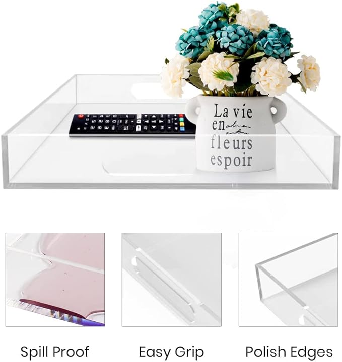 Acrylic Serving Tray (12x12x2Inch) with Handles -Spill Proof- Clear Decorative Tray for Appetizer,Breakfast -Countertop Organizer Storage Tray for Kitchen,Bathroom,Living Room