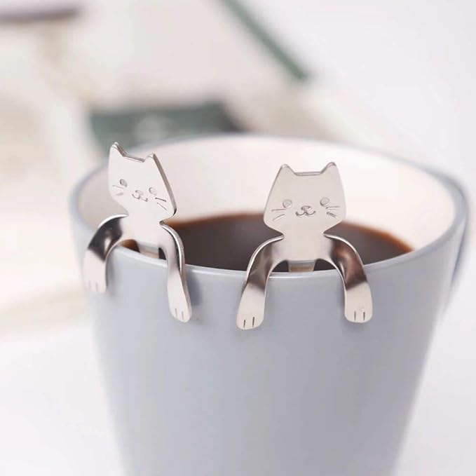 6 PCS Cat Spoon Coffee Tea spoon Set, ESRISE Stainless Steel Mini Long Cute Kitten Stirring Teaspoons for Dessert Drink Mixing Milkshake (Silver)