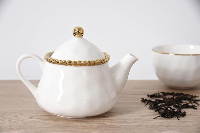 Pampa Bay Salerno Tea Pot with Cover (White with Silver Beading)