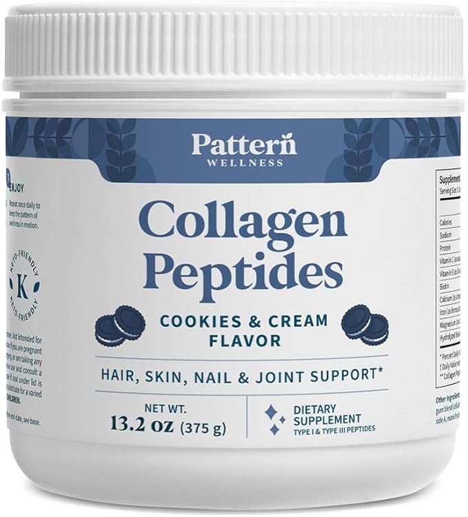 Pattern Wellness Collagen Peptides Powder (Type I & III) - Hair, Nails, Skin & Joint Support - Grass Fed & Pasture-Raised - Hydrolyzed, Non-GMO, Dairy Free, & Keto-Friendly - Cookies & Cream (13 Oz)