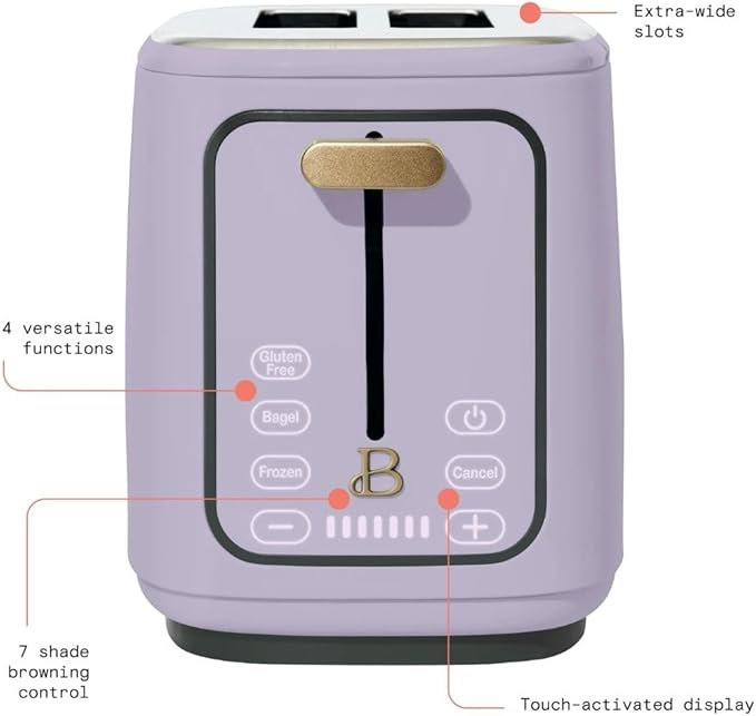 Beautiful by Drew Barrymore 2-Slice Toaster, Touch-Activated Display, 7 Shade Settings, Bagel/Frozen/Reheat Presets. (Lavender)