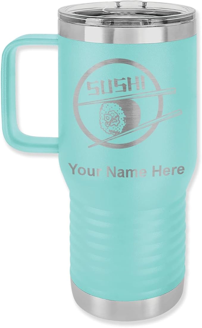 LaserGram 20oz Vacuum Insulated Travel Mug with Handle, Sushi, Personalized Engraving Included (Teal)