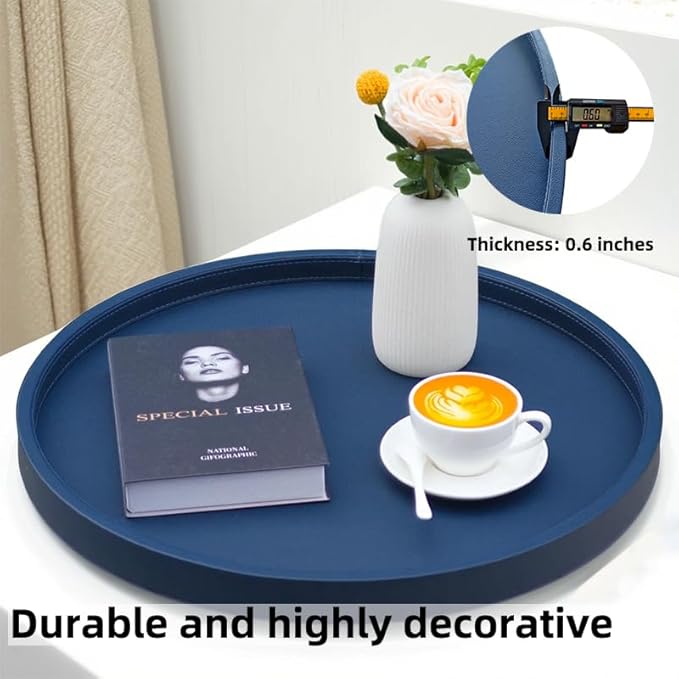 25-inch Round Ottoman Serving Tray - Textured PU Leather Coffee Table Decor, Waterproof Heat-Resistant Large Organizer for Home, Office, Bed & Party Essentials (Navy Blue, 25)
