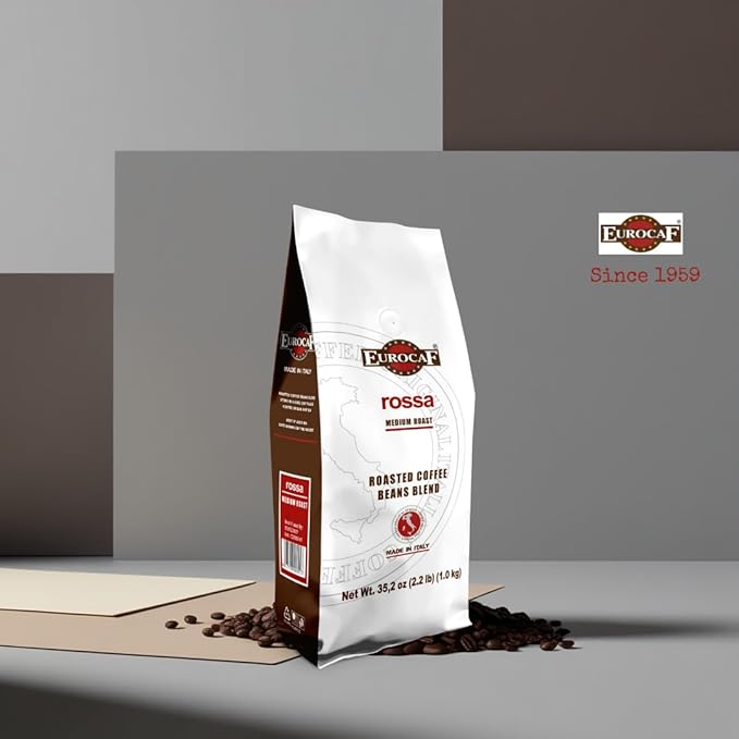 Eurocaf Miscela Rossa, Whole Bean Coffee, Medium Roast, 2.2 Ib, Original Italian Coffee (Pack of 1)