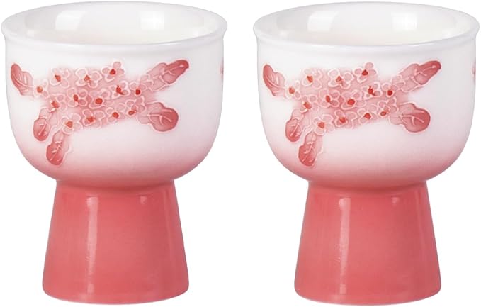 KAMMAK Tea Cup, 2oz Small Tea Cups, Porcelain Tea Cups Set with Short Stem, Cute Ceramic Teacups for Home, Party, Office, Chinese Kungfu Tea Set for Hot/Cold Drink (Pink Pile Flowe)