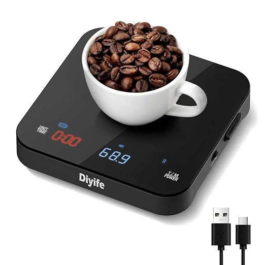Professional Mini Coffee Scale with Timer, Diyife Rechargeable Espresso Scale, 2kg/0.1g Accurate Scale for Pour-Over Coffee, Portable Digital Kitchen Scale for Drip Coffee, French Press