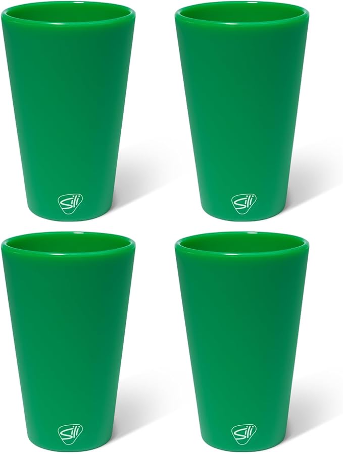 Silipint Silicone Pint Glass – Unbreakable BPA-Free Reusable Silicone Drinking Cup – Flexible Dishwasher Microwave & Freezer Safe – Stemless Glass for Water (Classic Green, 16oz - Pack of 4)