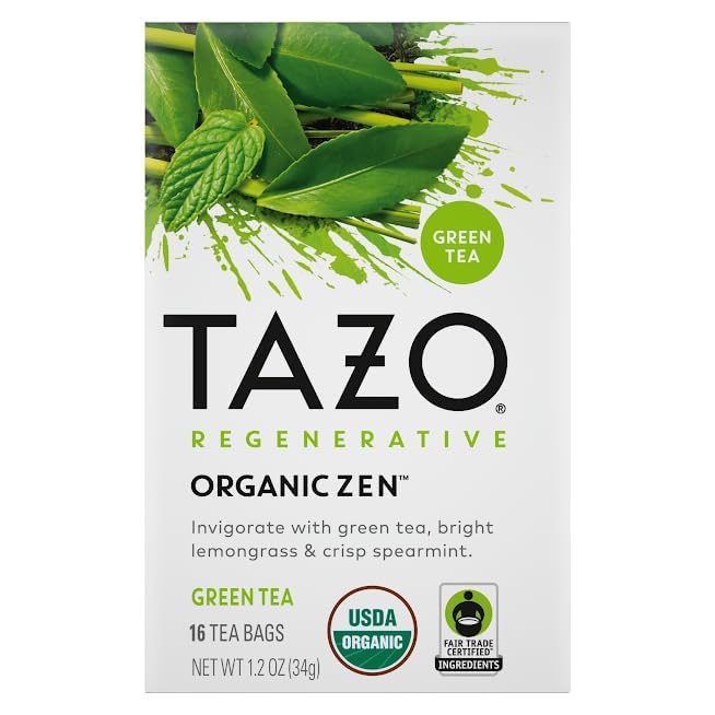 TAZO Tea Bags, Regenerative Organic: Refresh Mint Herbal Tea, Zen Green Tea, & Green Ginger Tea 16 CT (2ea) (Variety Pack)