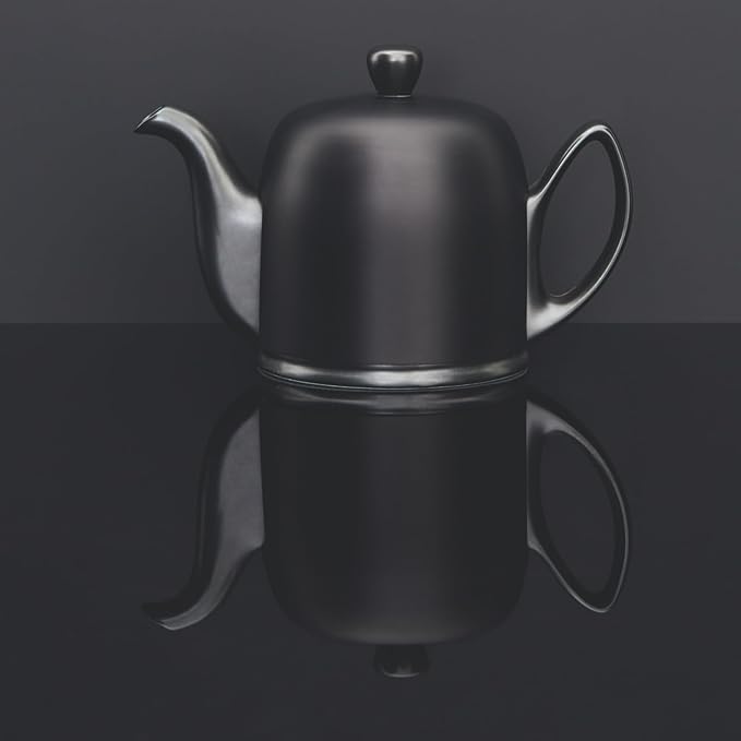 Degrenne Salam Luxury French Tea Pot - Porcelain Teapot with Stainless Steel Cover, Ceramic Tea Kettle for Loose Tea, Removable Infuser, 6 Cup Capacity, 36oz - Monochrome Blue