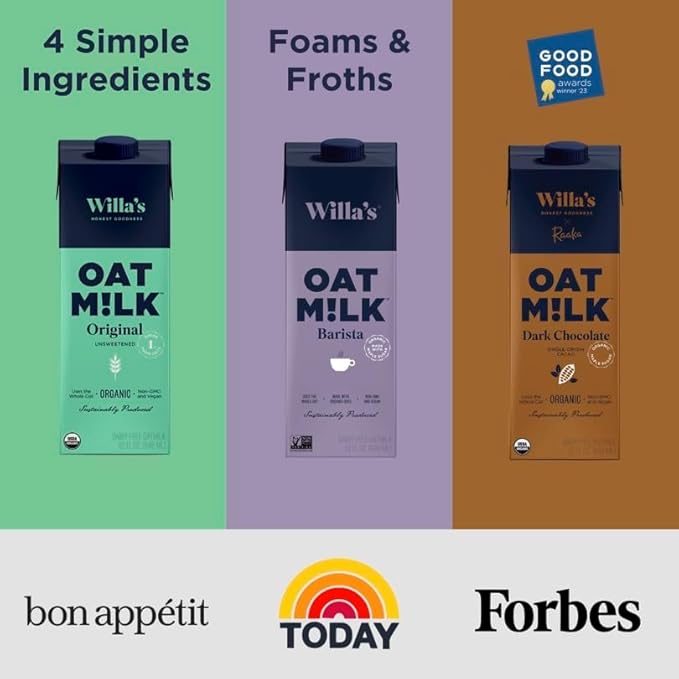Willa's Organic Oat Milk - Chocolate Unsweetened Cacao Oatmilk, Non-GMO, Shelf Stable, Low Sugar, Non-Dairy Milk, Made from Whole Grain Oats, No Oil, No Gums, 32 Oz - Pack of 6