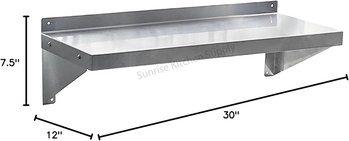 SUNRISE Commercial 430 Stainless Steel Kitchen Wall Shelf, NSF Certificated, Wall Mounted, Solid Shelving for Restaurants, Bars & Hotels (12" x 30")