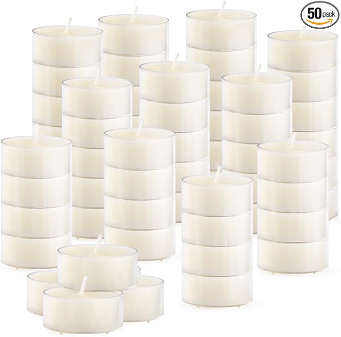 50PCS Pure Beeswax Tealight Candles, Natural Scent, Clear Cup, White