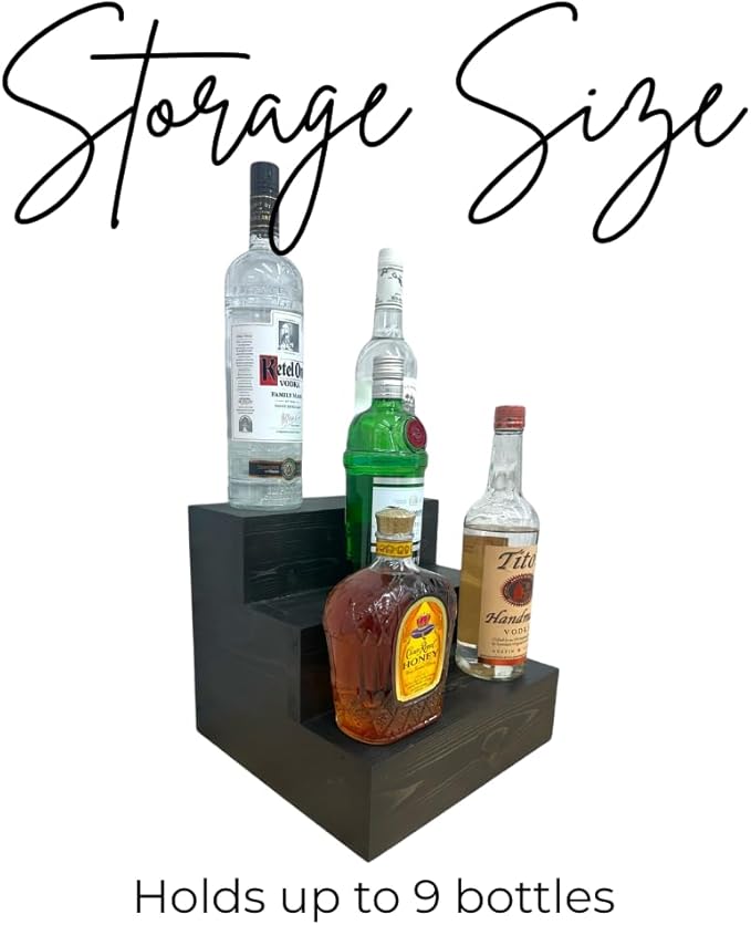 Handmade Tiered Display Shelving - Three Tier Bar Display - Bar Organizer - Liquor Bottle Display (12" without Back, Black)