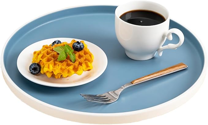 Decorative Serving Tray Round Food Tray Blue Coffee Table Tray Plastic Tray for Serving Food, Breakfast, Fruit, Snack, Drinks in Kitchen Living Room/Bedroom or Office
