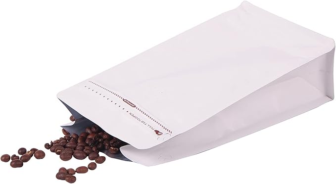 REMTAP Coffee Bags with Valve(50pcs,8oz) White High Barrier Aluminumed Foil Flat Bottom Standing Coffee Beans Storage Bags,Reusable Heat Sealable Side Zipper Pouches for Home or Store
