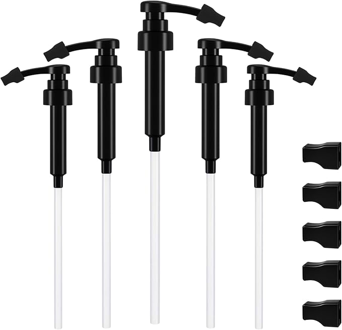 Nuogo 5 Pcs Coffee Syrup Pump Compatible with Monin 750ml (25.4 Fl Oz) Glass Bottles Flavor Syrup Pump Dispenser with Tip Covers (Black)