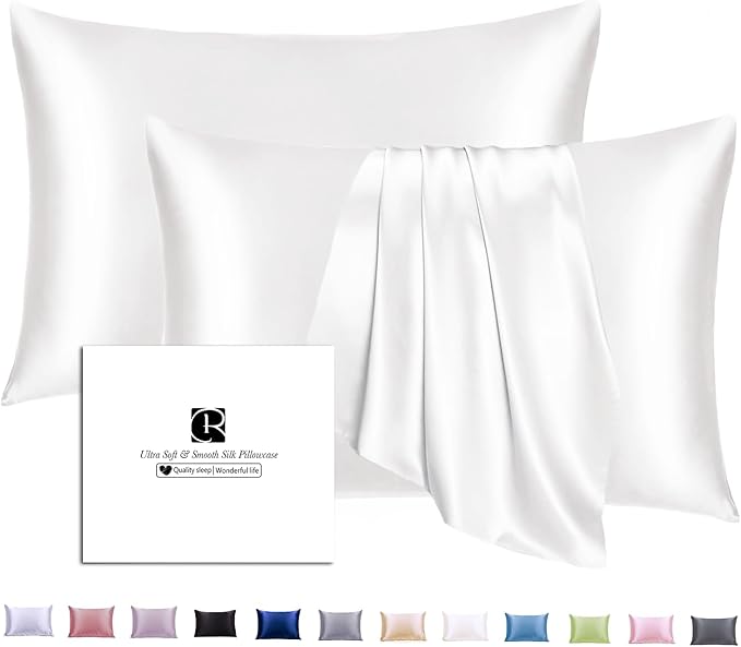 Ravmix Silk Pillow Cases 2 Pack with Zipper, 21momme Mulberry Silk Pillowcase for Hair Skin, Soft Smooth Breathable Cool Pillow Cover for Beauty Sleep with Gift Box(Standard 20"x26", Ivory White)