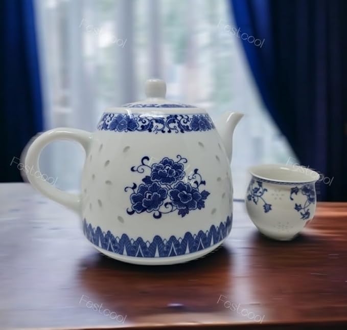 Large Teapot Blue and White Porcelain Tea Pot 6 Cup Store 56 Ounce China, Coffee Pot