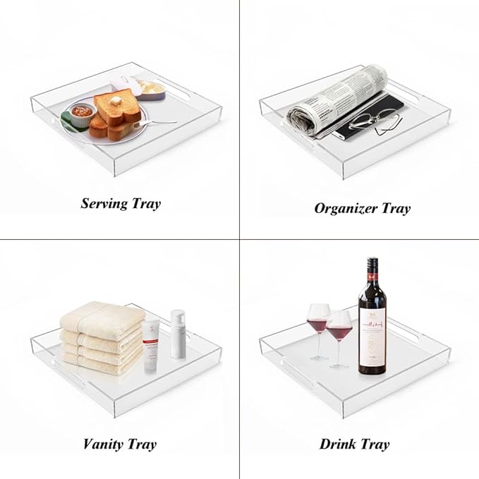 Acrylic Serving Tray (12x12x2Inch) with Handles -Spill Proof- Clear Decorative Tray for Appetizer,Breakfast -Countertop Organizer Storage Tray for Kitchen,Bathroom,Living Room