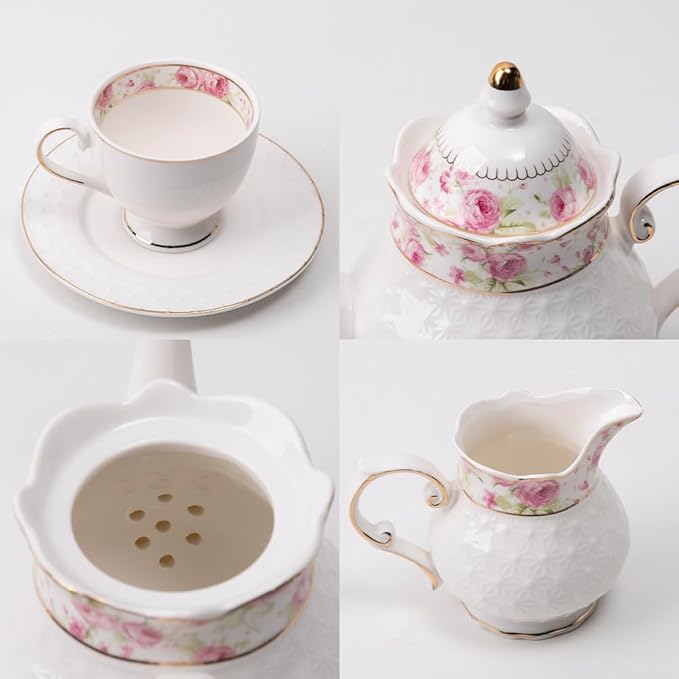 Sweejar 21 Pieces Porcelain Tea Set, Vintage Floral Gold Trimmed Teapot Cup and Saucer Set, Tea Cup for Loose Tea, Sugar Bowl and Creamer Pitcher with Spoons, Service for 6(Retro Flower)