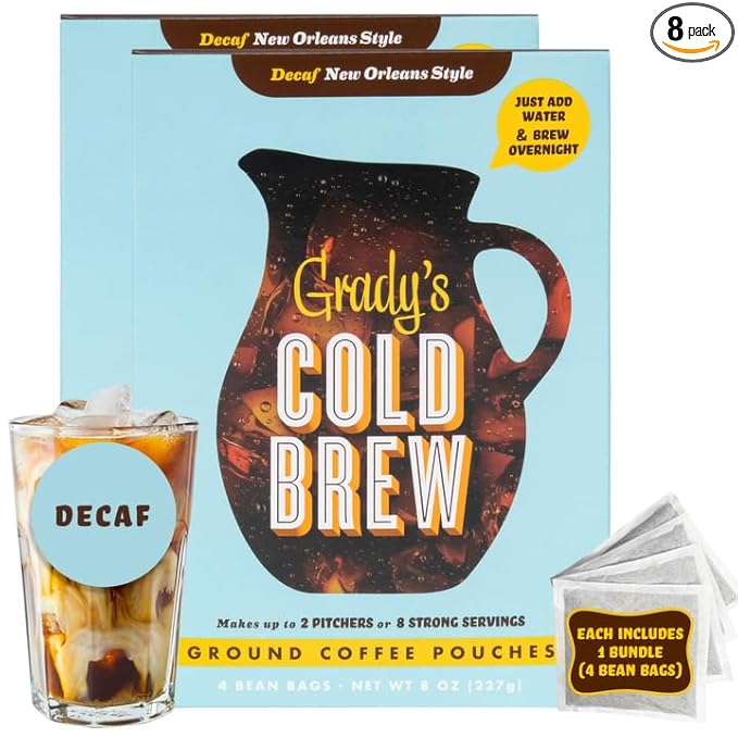 GRADY’S COLD BREW, New Orleans Style - DECAF, 100% Arabica Ground Coffee & Chicory Pouches, TWO Bundles of 4 Easy-to-Brew Bean Bags, Makes 24 drinks