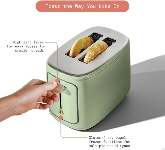 Beautiful 2-Slices Touchscreen Toaster with Digital Display, 7 Shade Settings, Bagel/Frozen Presets, Extra-Wide Slots, 900W (Sage Green)