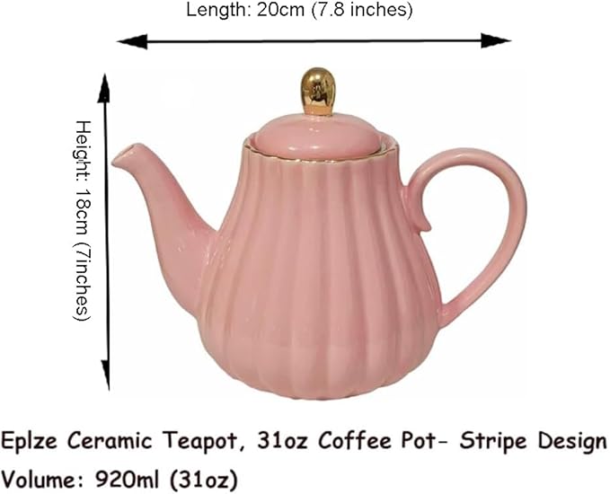 YBK Tech Strengthen Porcelain Teapot, 31oz Coffee Pot Ceramic Teapot- Stripe Design (Pink)