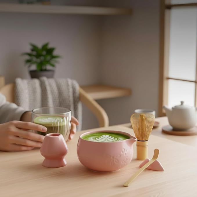 Matcha Whisk Set Traditional Matcha Set with Matcha Bowl | Complete Matcha Kit for Japanese Tea Ceremony - Pink